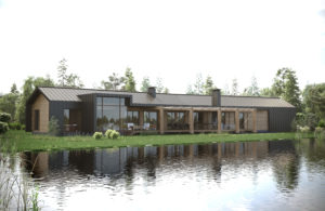 Дом у воды Николина Гора, современный загородный деревянный дом, облицован металлом, большие деревянные террасы и перголы, витражное остекление, с видом на воду, открытые пространства, индивидуальный дизайн, камин на улице, два камина, камин на террасе, ванна с видом на воду, гостиная с видом на воду