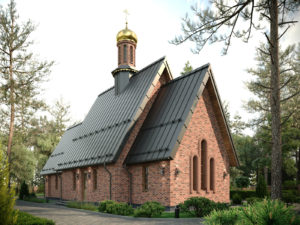 Храм в Подмосковье Акулово, небольшой храм, кирпичные стены с 3d кладкой на фасадах, современный храм, скатные кровли в храме