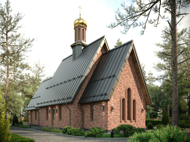Храм в Подмосковье Акулово, небольшой храм, кирпичные стены с 3d кладкой на фасадах, современный храм, скатные кровли в храме
